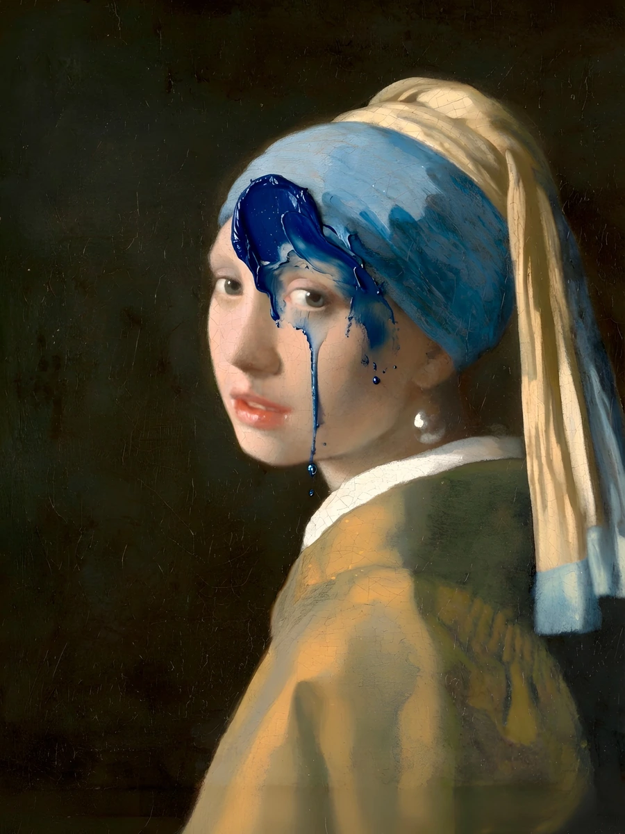 Meisje met de Parel herinterpretatie: gouden explosie met bladgoud en druipend goud over het gezicht