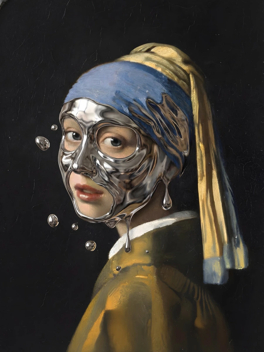 Meisje met de Parel herinterpretatie: vloeibaar chroom en metalen druppels over het gezicht